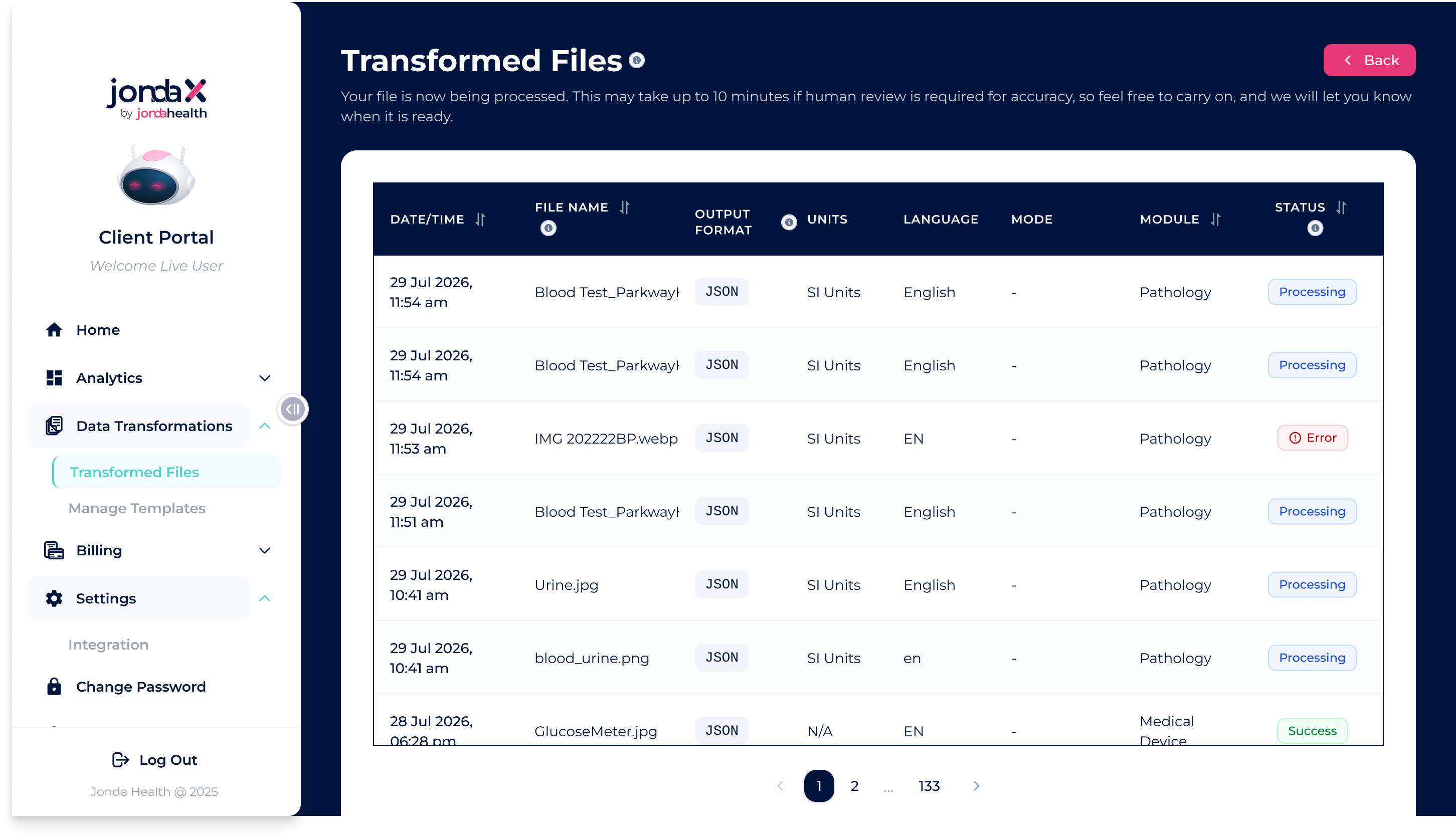 Transformed Files page